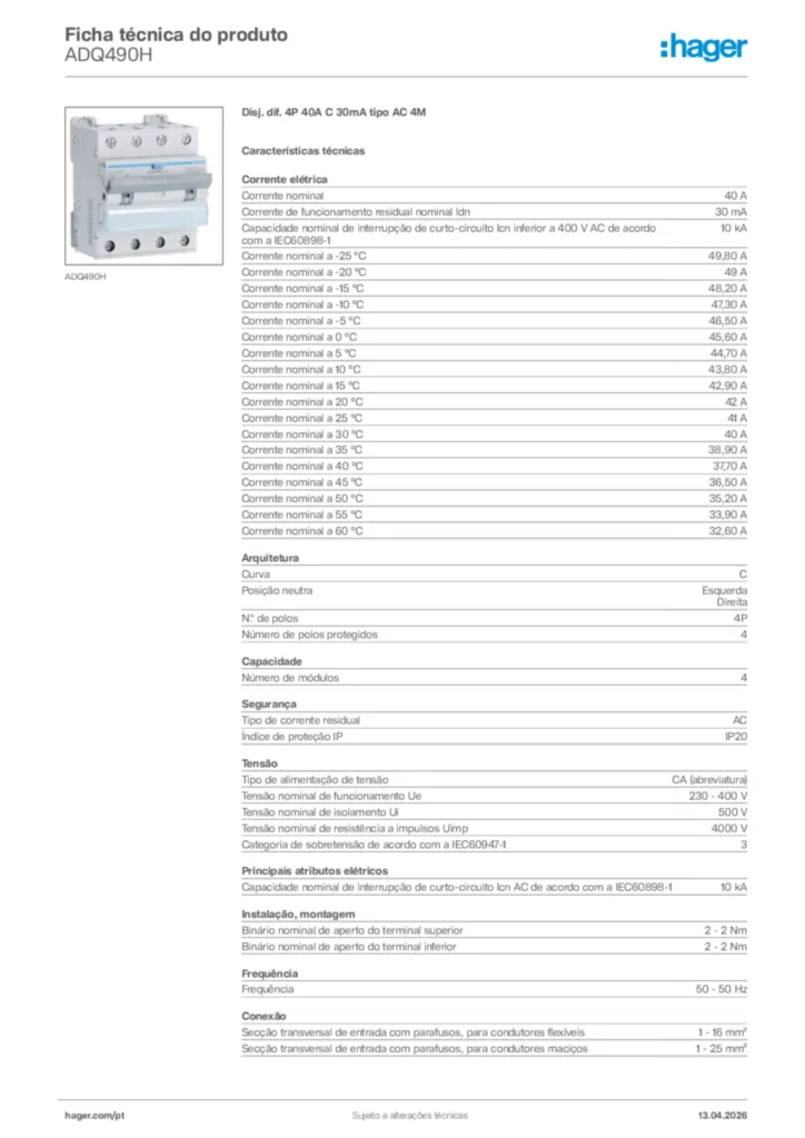Imagem Hager Ficha técnica do produto ADQ490H | Hager Portugal