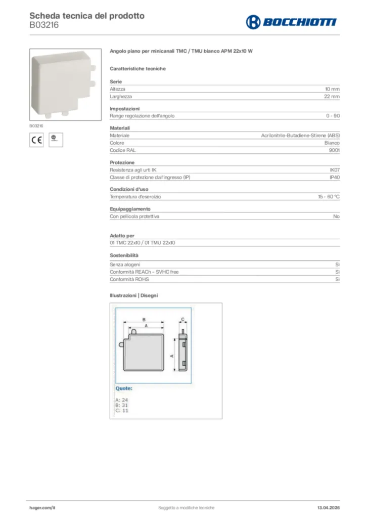 Immagine Bocchiotti Scheda tecnica del prodotto B03216 | Hager Italia