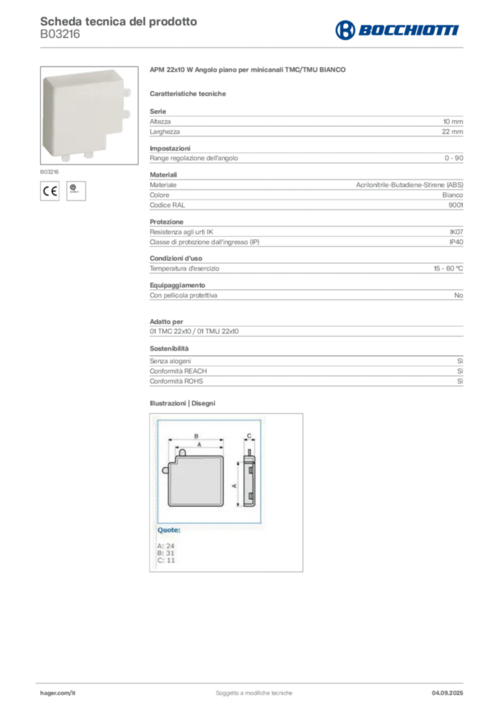 Immagine Bocchiotti Scheda tecnica del prodotto B03216 | Hager Italia