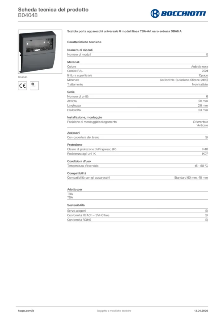 Immagine Bocchiotti Scheda tecnica del prodotto B04048 | Hager Italia
