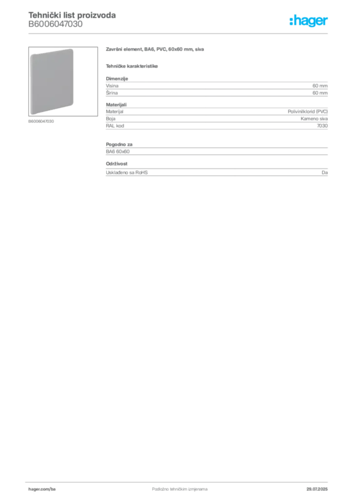 Slika Hager Product data sheet B6006047030  | Hager