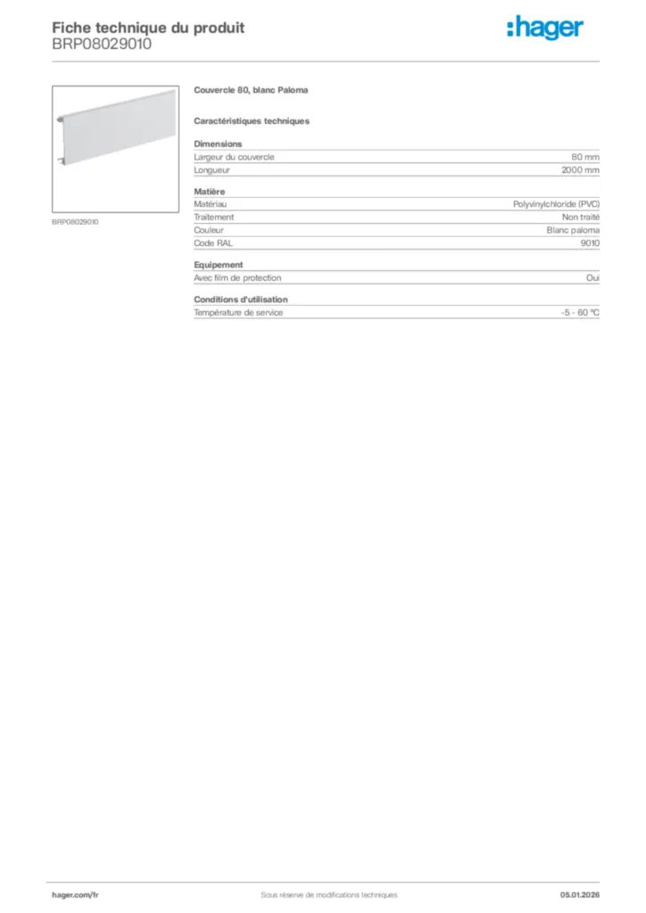 Image Hager Fiche technique du produit BRP08029010 | Hager France