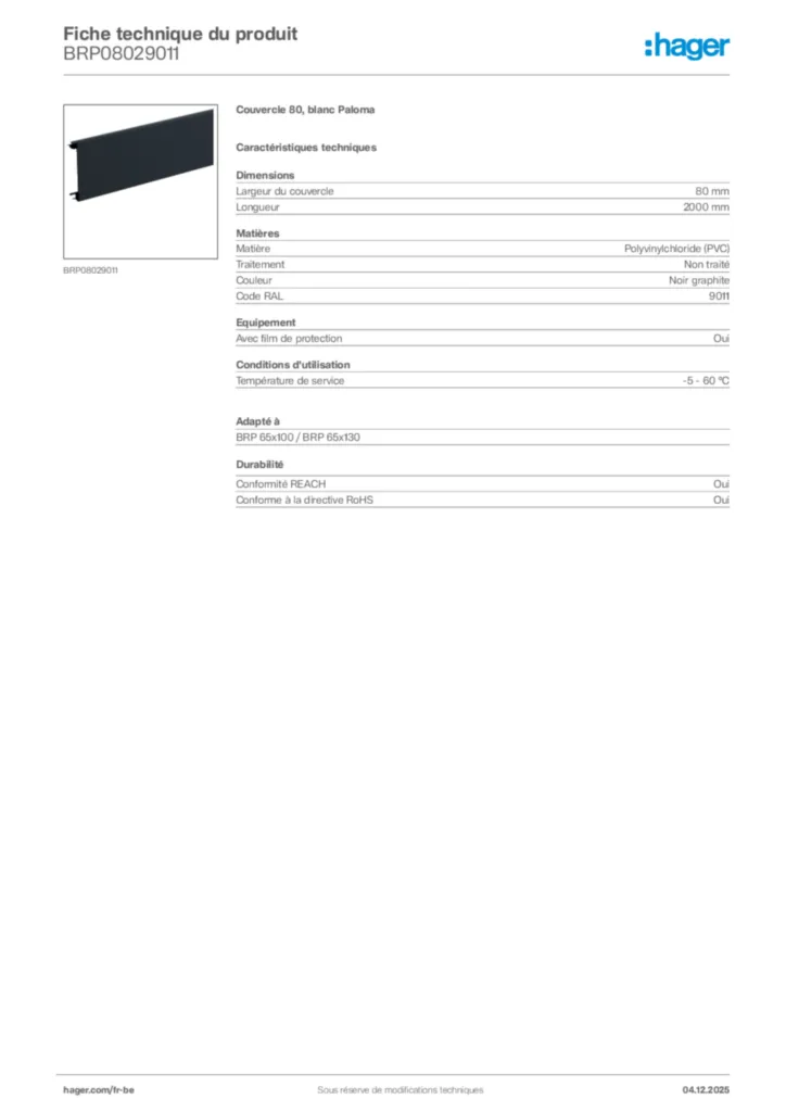 Image Hager Fiche technique du produit BRP08029011 | Hager Belgique