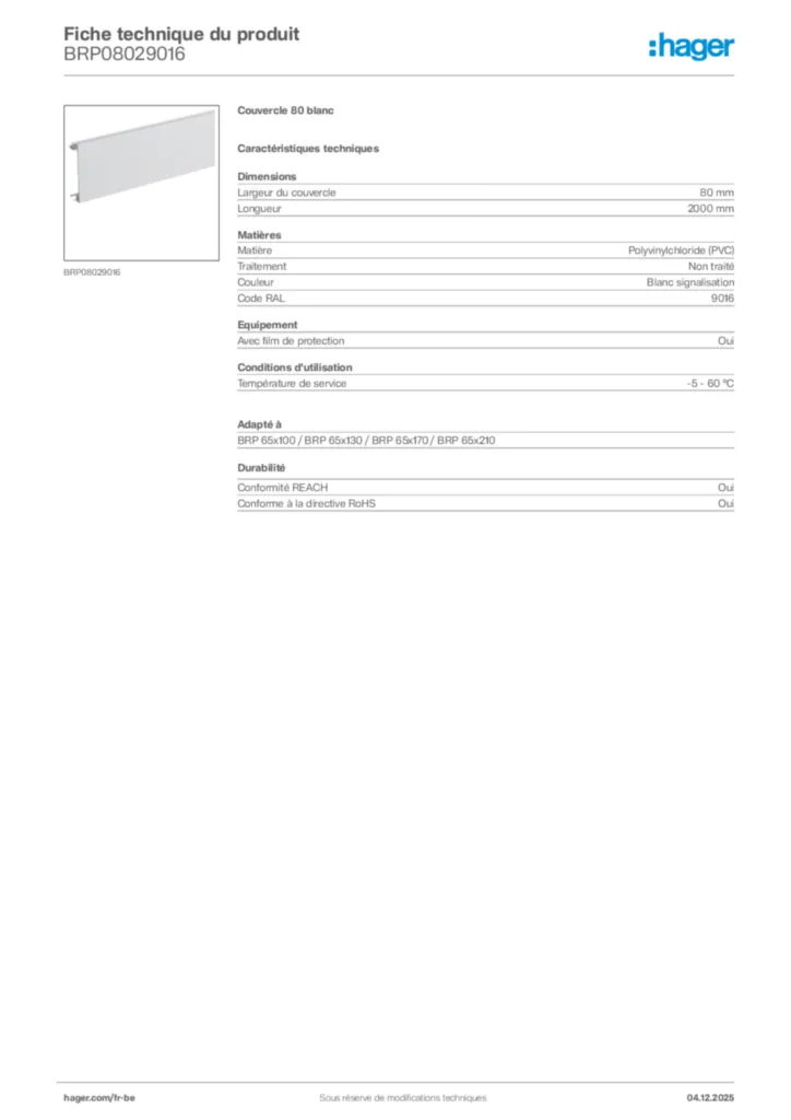 Image Hager Fiche technique du produit BRP08029016 | Hager Belgique