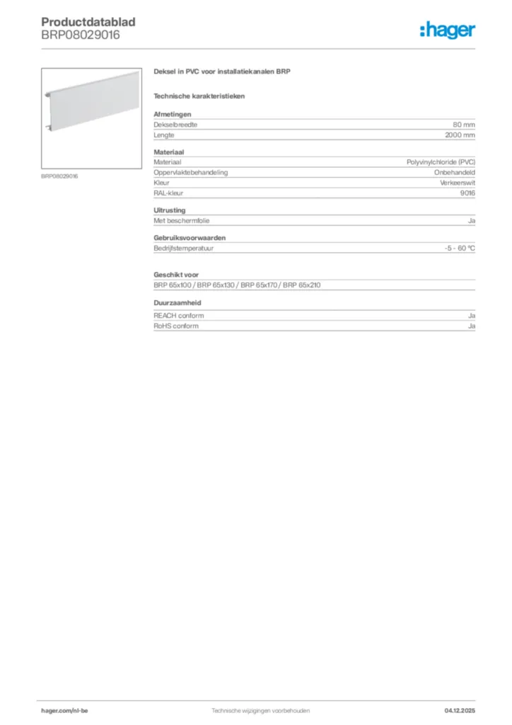 Afbeelding Hager Productdatablad BRP08029016 | Hager Belgium