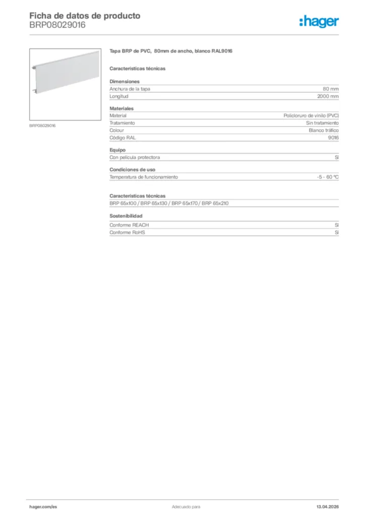 Imagen Hager Ficha de datos de producto BRP08029016 | Hager España