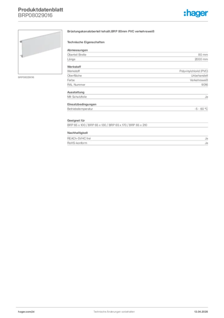 Bild Hager Produktdatenblatt BRP08029016 | Hager Deutschland