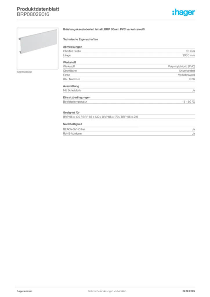 Bild Hager Produktdatenblatt BRP08029016 | Hager Deutschland