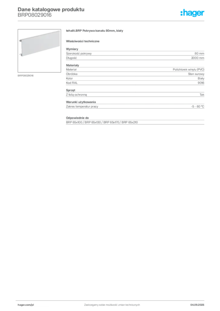 Zdjęcie Hager Dane katalogowe produktu BRP08029016 | Hager Polska