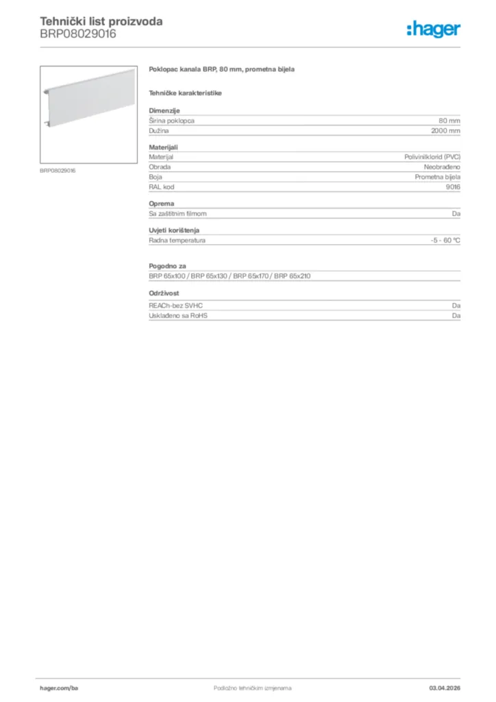 Slika Hager Tehnički list proizvoda BRP08029016  | Hager