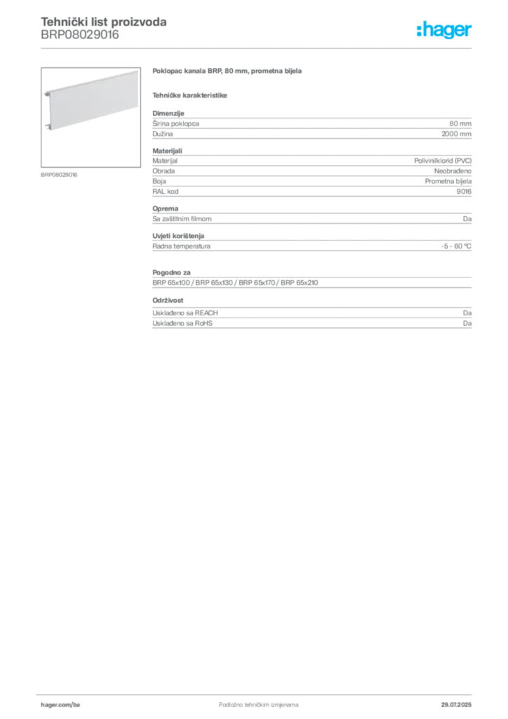Slika Hager Product data sheet BRP08029016  | Hager