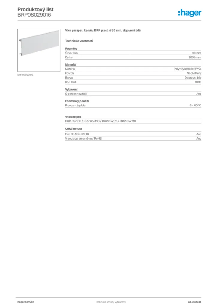 Obrázek Hager Product data sheet BRP08029016 | Hager
