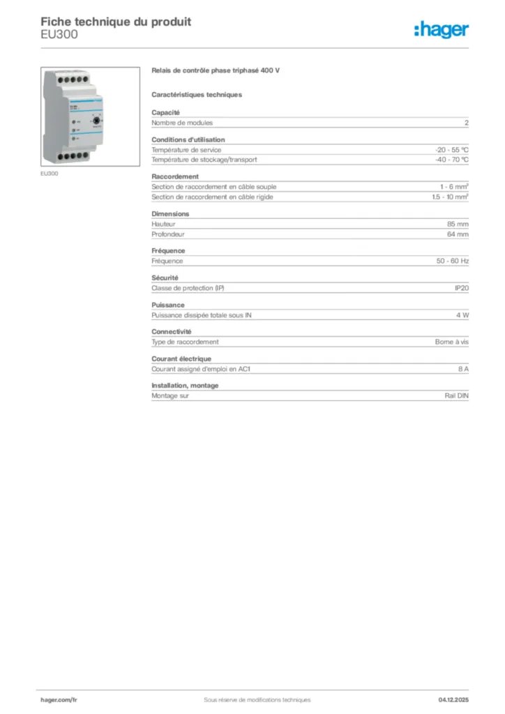 Image Hager Fiche technique du produit EU300 | Hager France