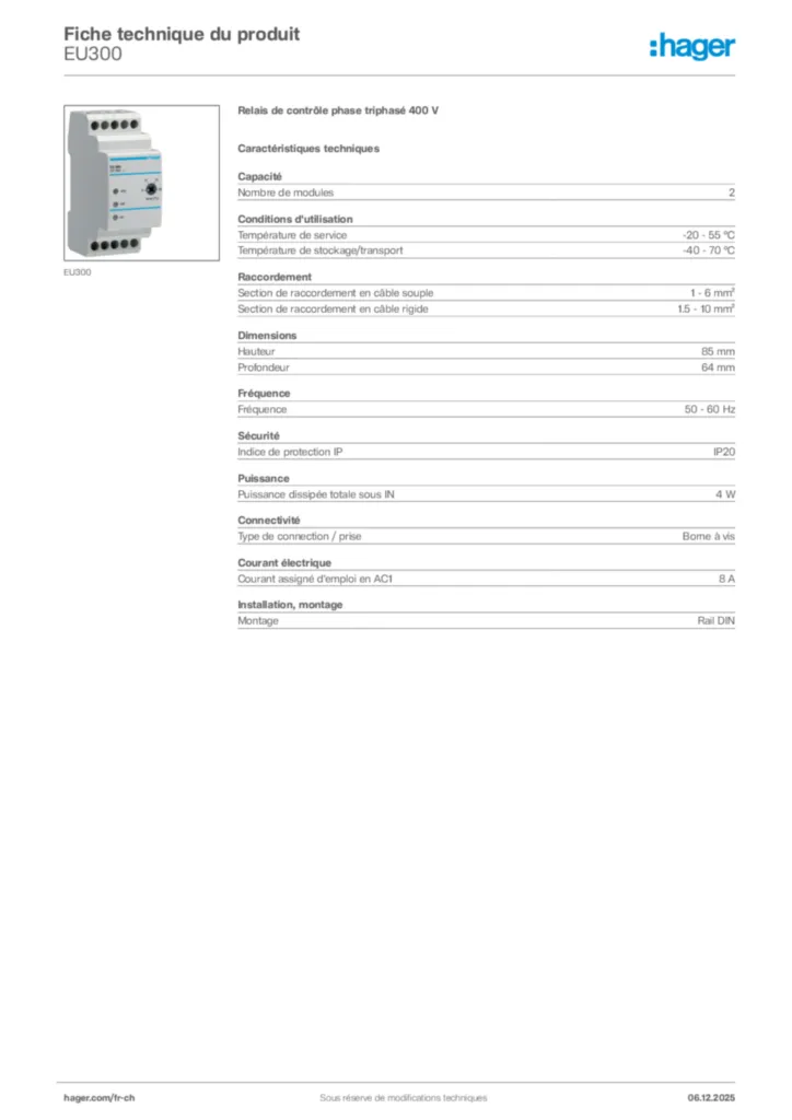 Image Hager Fiche technique du produit EU300 | Hager Suisse