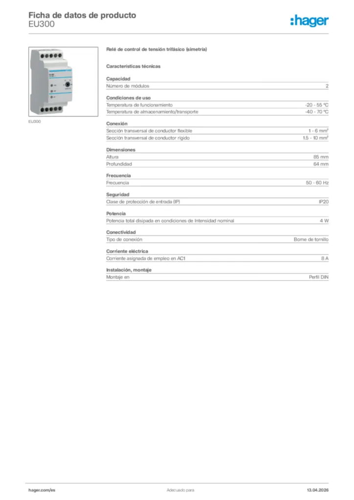 Imagen Hager Ficha de datos de producto EU300 | Hager España