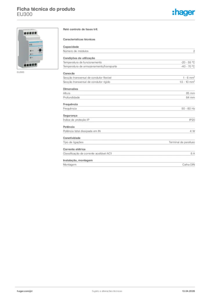 Imagem Hager Ficha técnica do produto EU300 | Hager Portugal