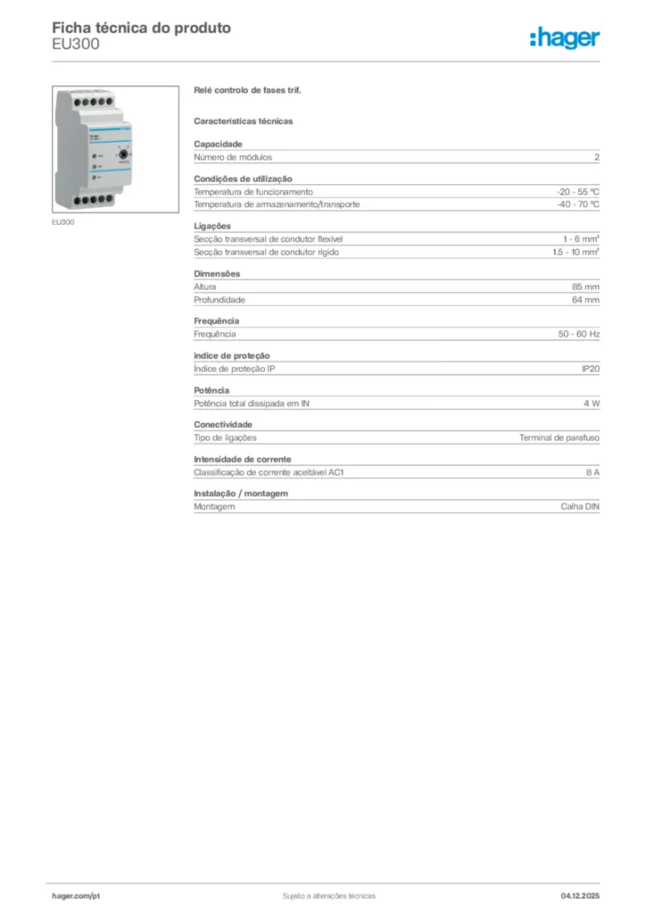 Imagem Hager Ficha técnica do produto EU300 | Hager Portugal