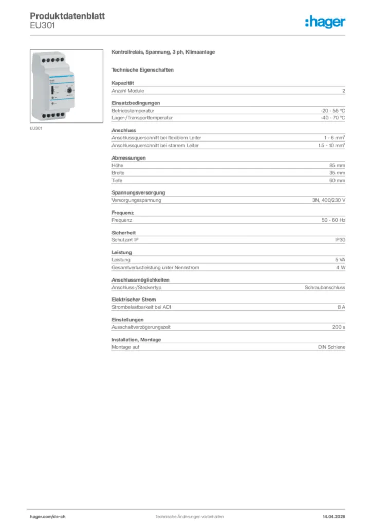 Bild Hager Produktdatenblatt EU301 | Hager Schweiz
