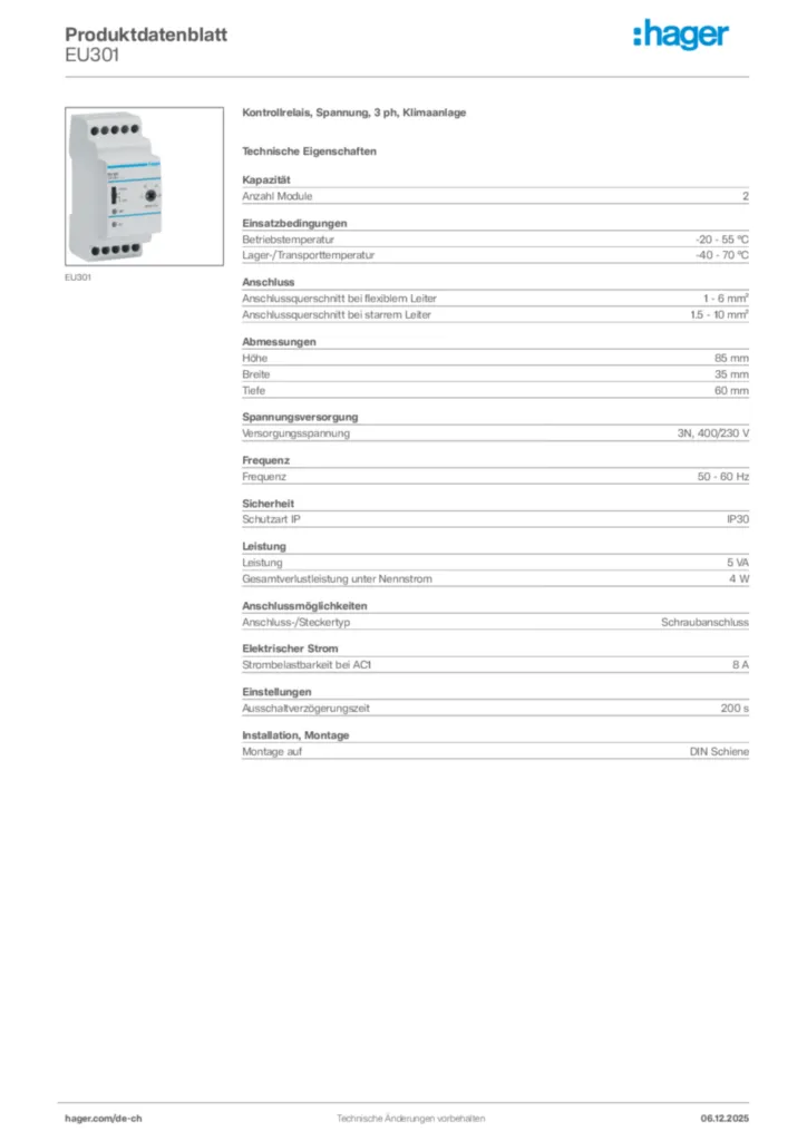 Bild Hager Produktdatenblatt EU301 | Hager Schweiz