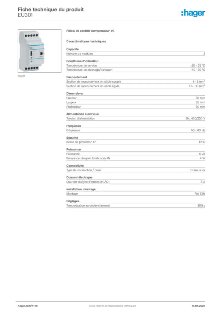 Image Hager Fiche technique du produit EU301 | Hager Suisse
