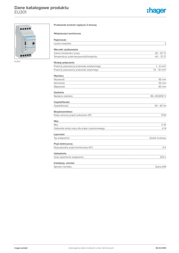 Zdjęcie Hager Karta katalogowa EU301 | Hager Polska