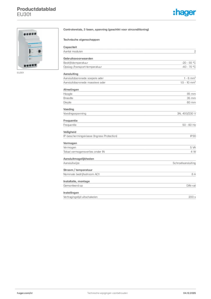 Afbeelding Hager Productdatablad EU301 | Hager Nederland
