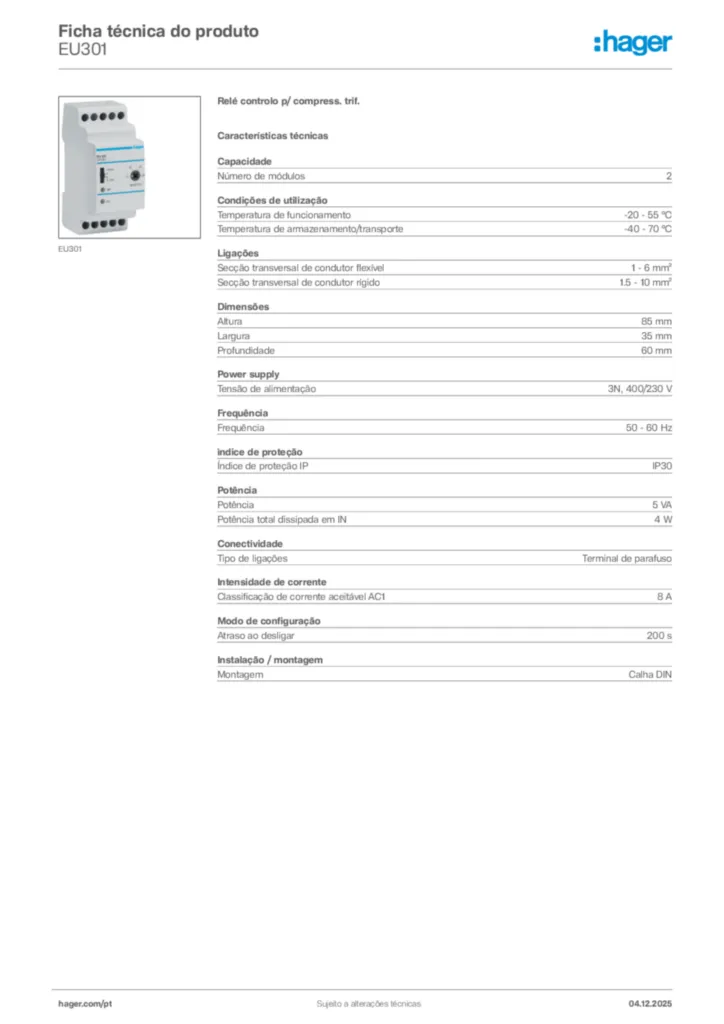 Imagem Hager Ficha técnica do produto EU301 | Hager Portugal