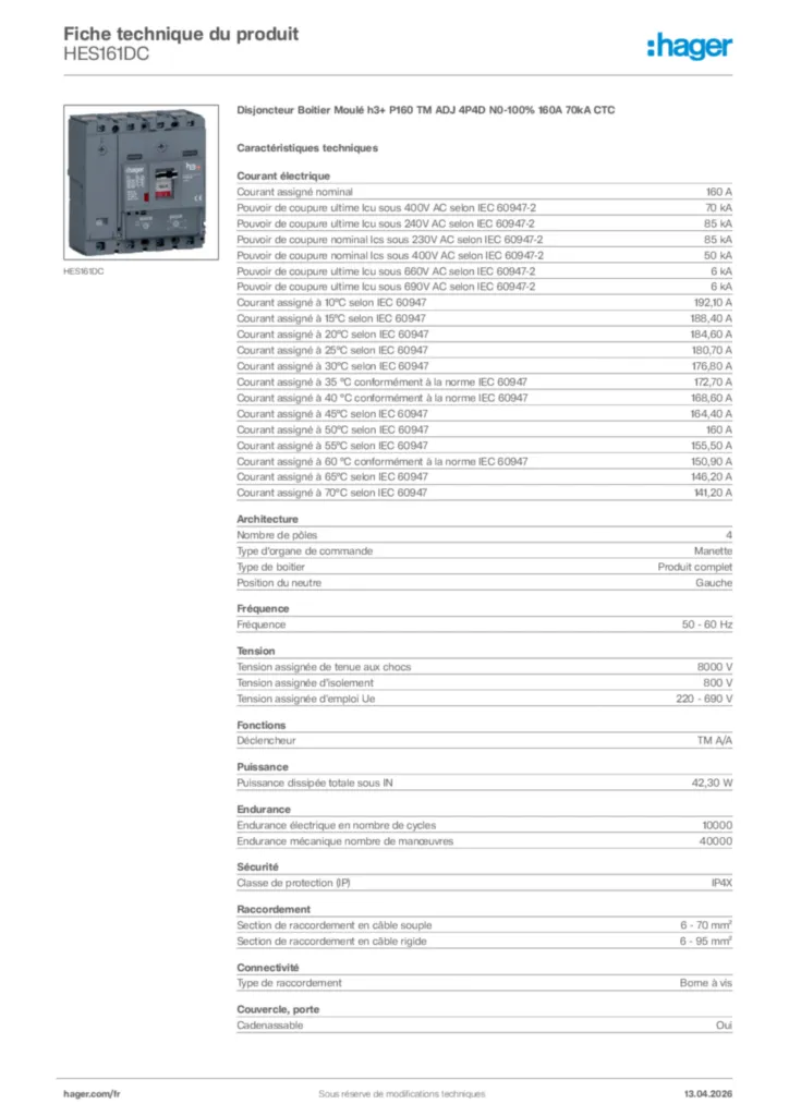 Image Hager Fiche technique du produit HES161DC | Hager France