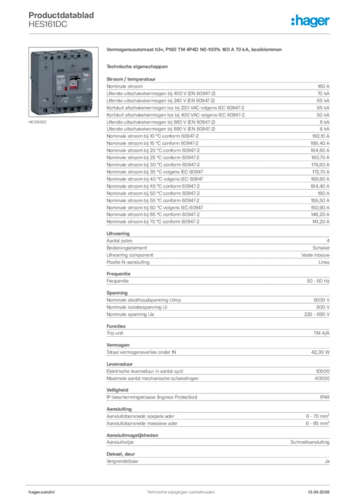 Afbeelding Hager Productdatablad HES161DC | Hager Nederland