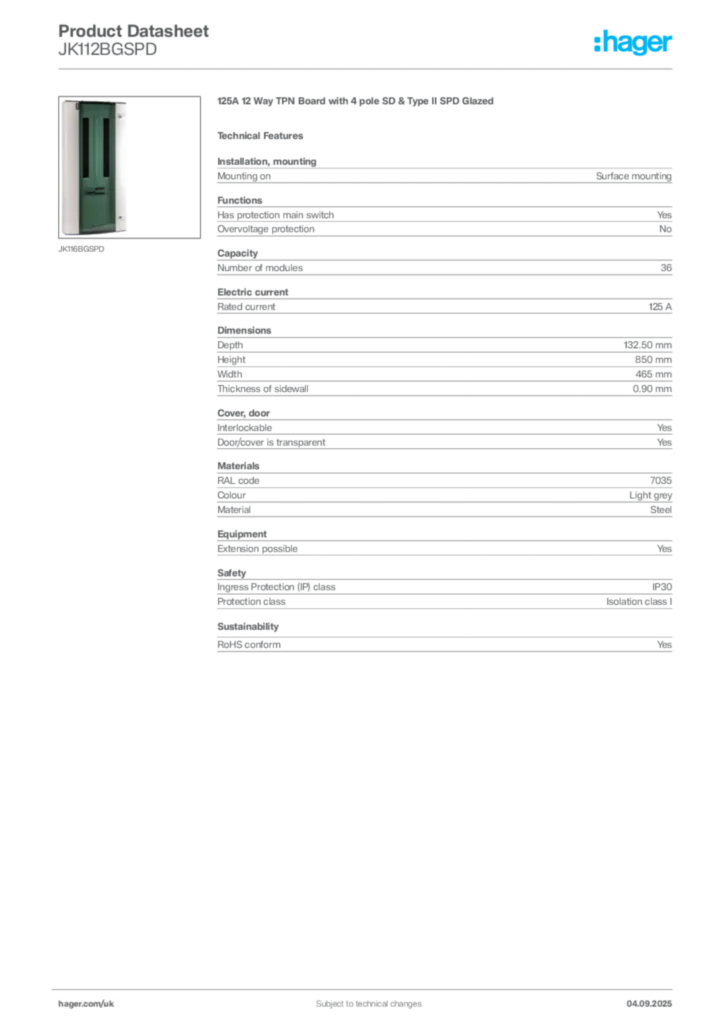 Image Hager Product data sheet JK112BGSPD  | Hager