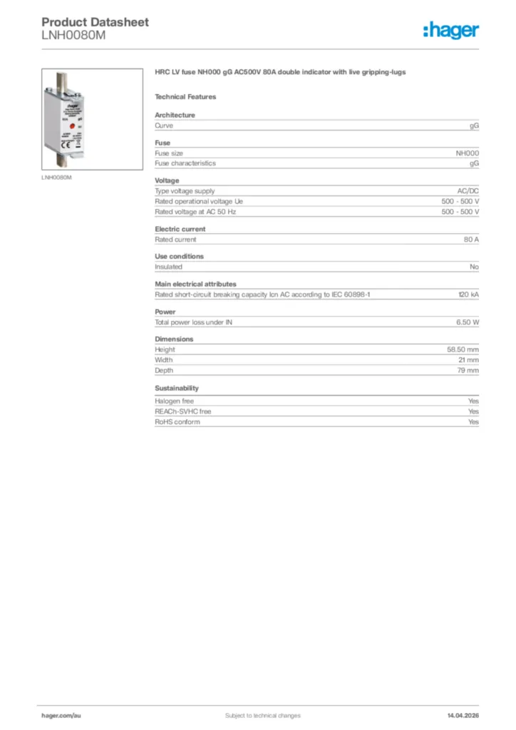 Image Hager Product data sheet LNH0080M  | Hager Australia