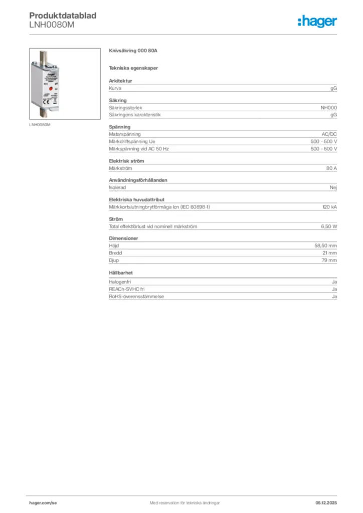 Bild Hager Produktdatablad LNH0080M | Hager Sverige