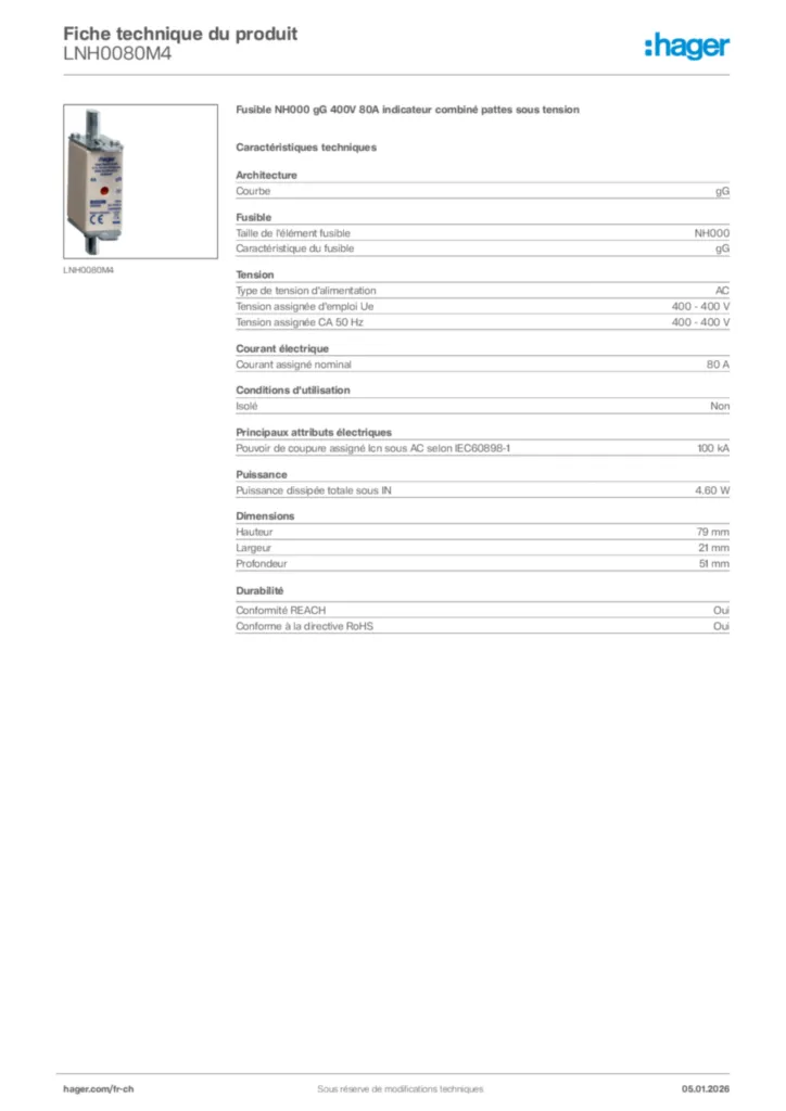 Image Hager Fiche technique du produit LNH0080M4 | Hager Suisse