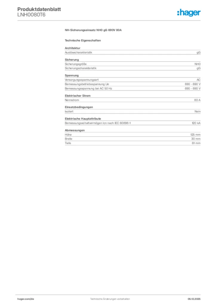 Bild Hager Produktdatenblatt LNH0080T6 | Hager Deutschland