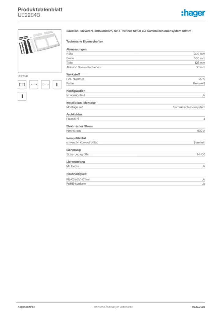 Bild Hager Produktdatenblatt UE22E4B | Hager Deutschland