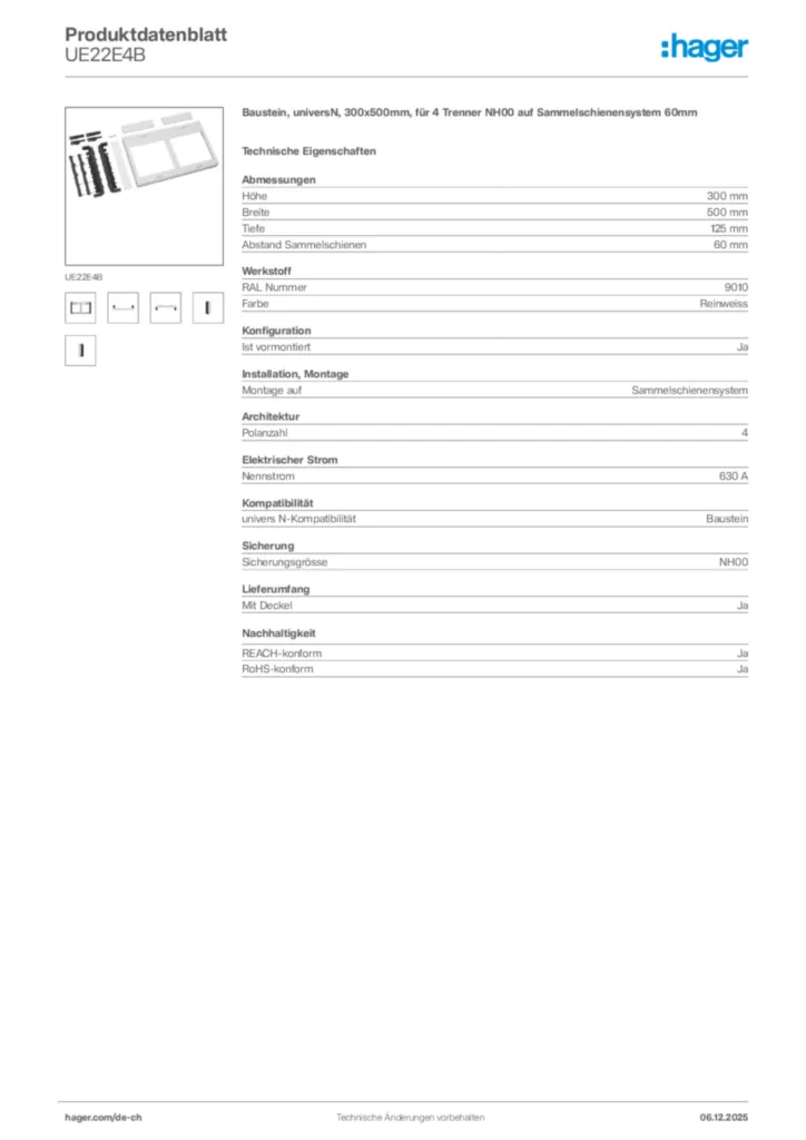 Bild Hager Produktdatenblatt UE22E4B | Hager Schweiz