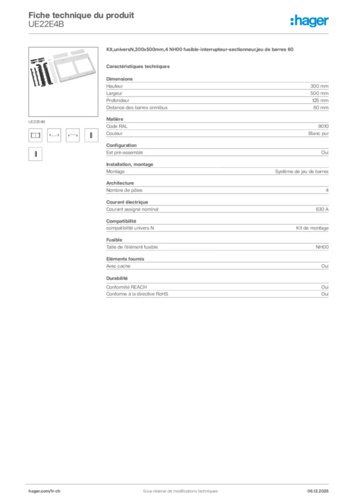 Image Hager Fiche technique du produit UE22E4B | Hager Suisse