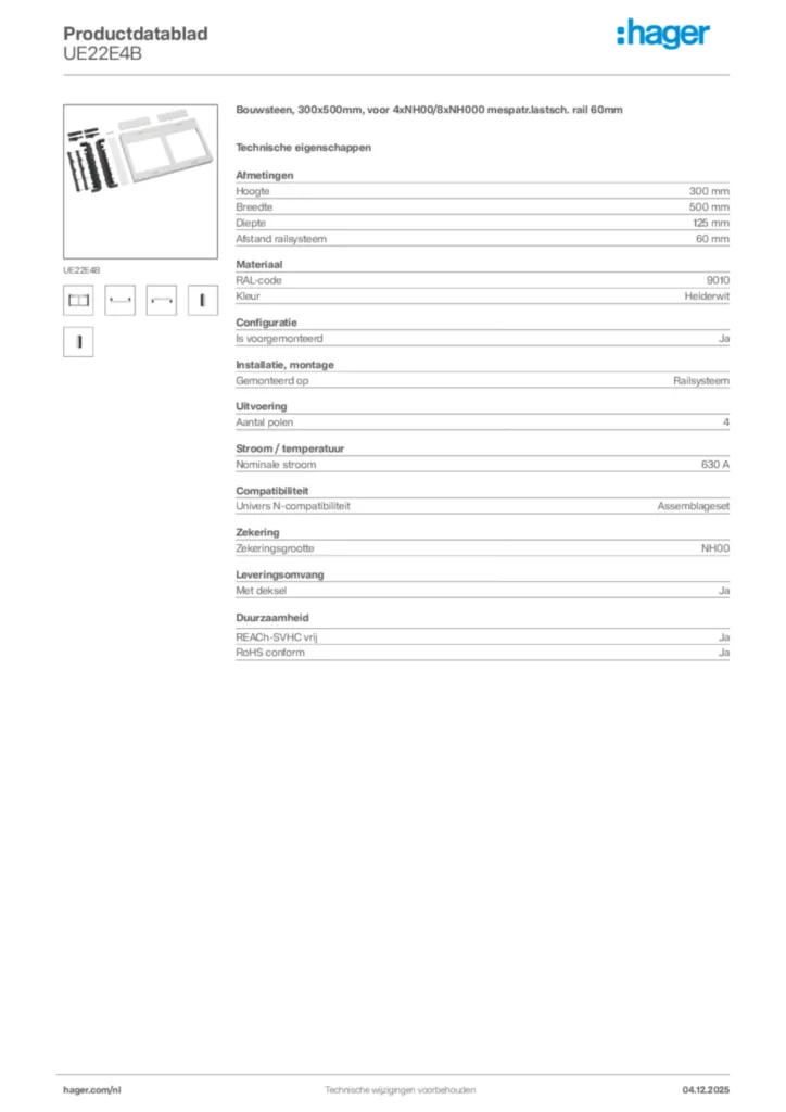 Afbeelding Hager Productdatablad UE22E4B | Hager Nederland