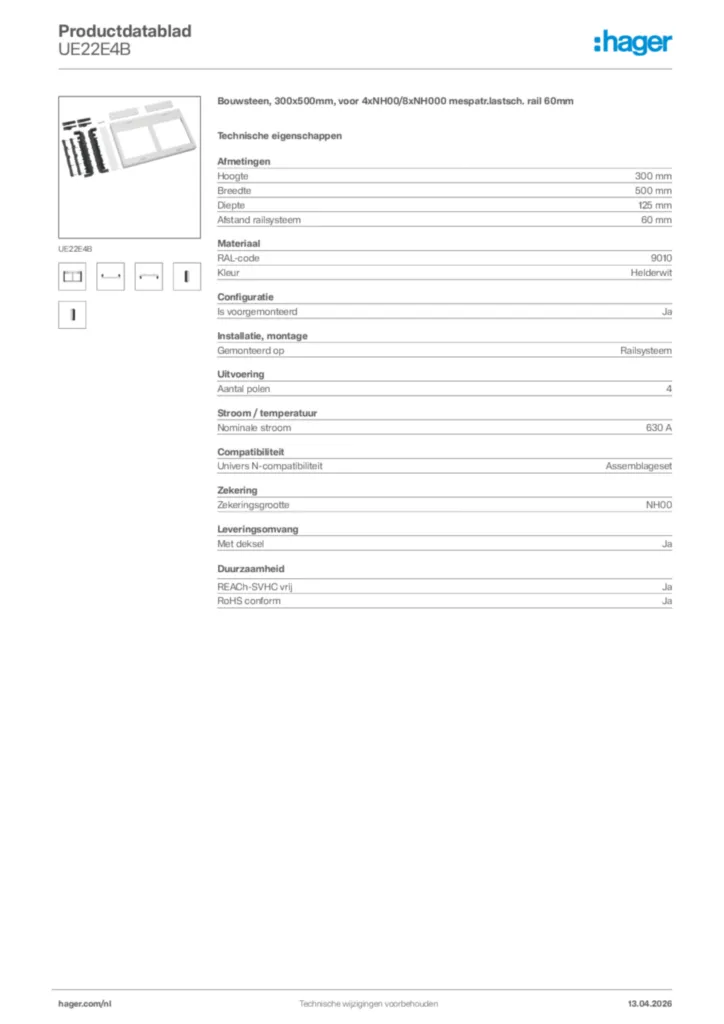 Afbeelding Hager Productdatablad UE22E4B | Hager Nederland