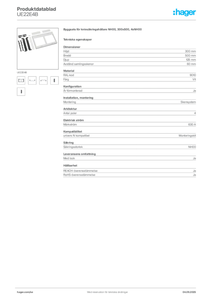 Bild Hager Produktdatablad UE22E4B | Hager Sverige