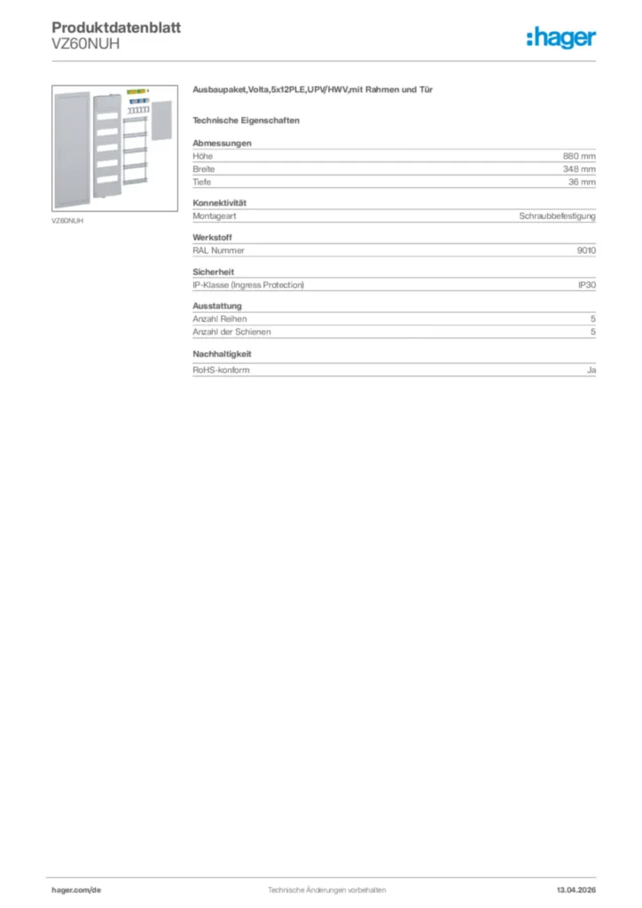 Bild Hager Produktdatenblatt VZ60NUH | Hager Deutschland