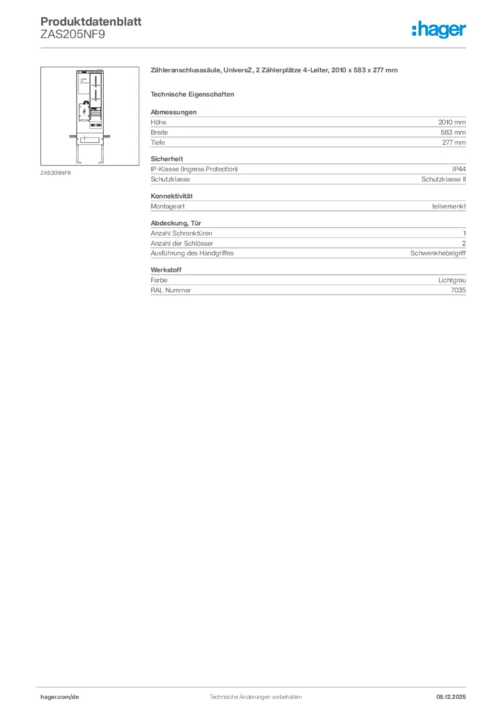 Bild Hager Produktdatenblatt ZAS205NF9 | Hager Deutschland