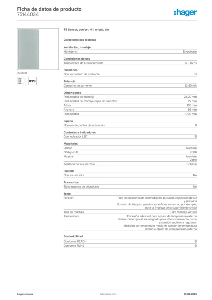 Imagen Hager Ficha de datos de producto 75144034 | Hager España