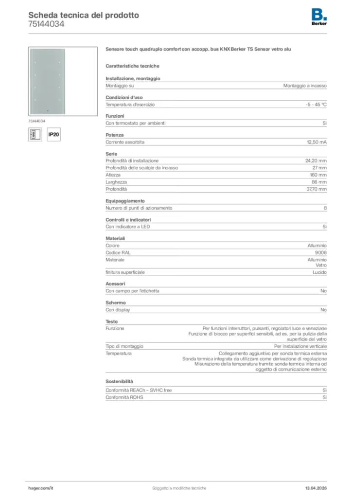 Immagine Berker Scheda tecnica del prodotto 75144034 | Hager Italia