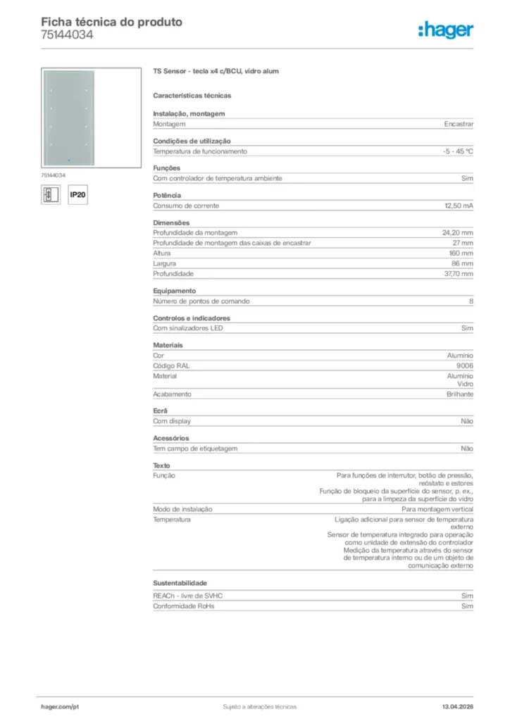 Imagem Hager Ficha técnica do produto 75144034 | Hager Portugal