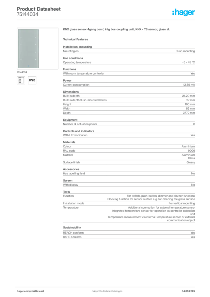 Image Hager Product data sheet 75144034  | Hager