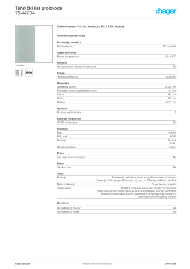 Slika Hager Product data sheet 75144034  | Hager