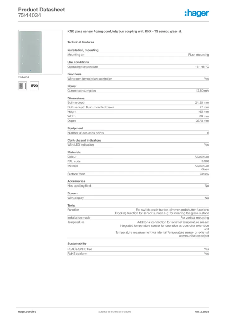 Image Hager Product data sheet 75144034  | Hager
