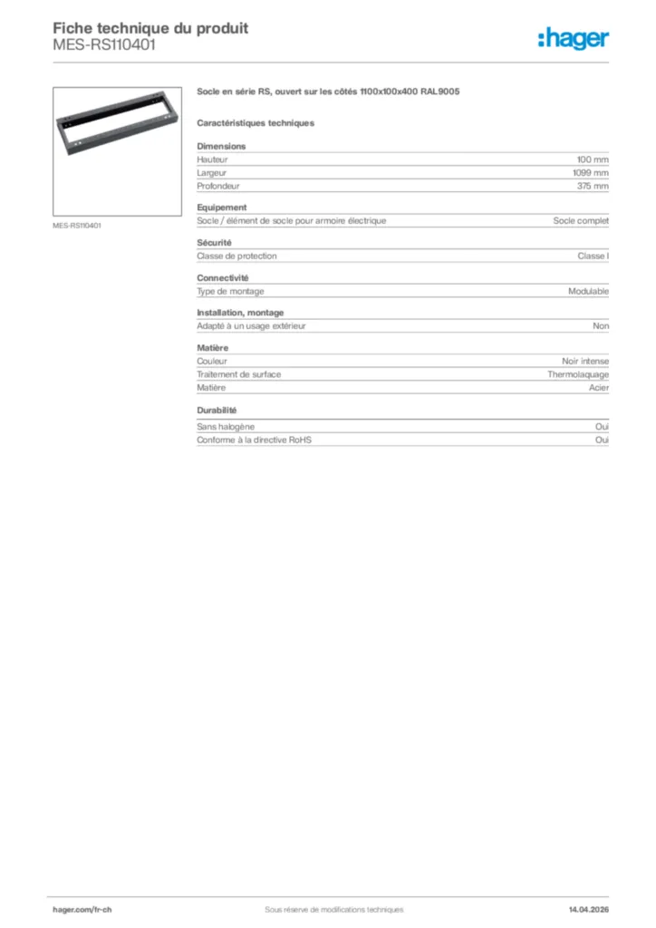Image Hager Fiche technique du produit MES-RS110401 | Hager Suisse
