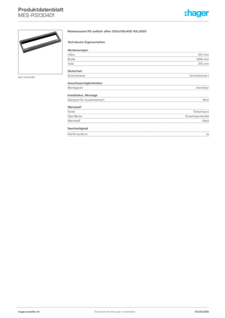 Bild Hager Produktdatenblatt MES-RS130401 | Hager Schweiz
